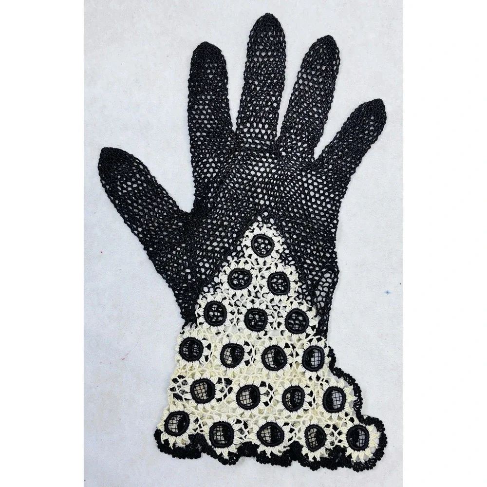 Antique Crocheted‎ Lace Gloves Two Tone Brown Cream Edwardian Small